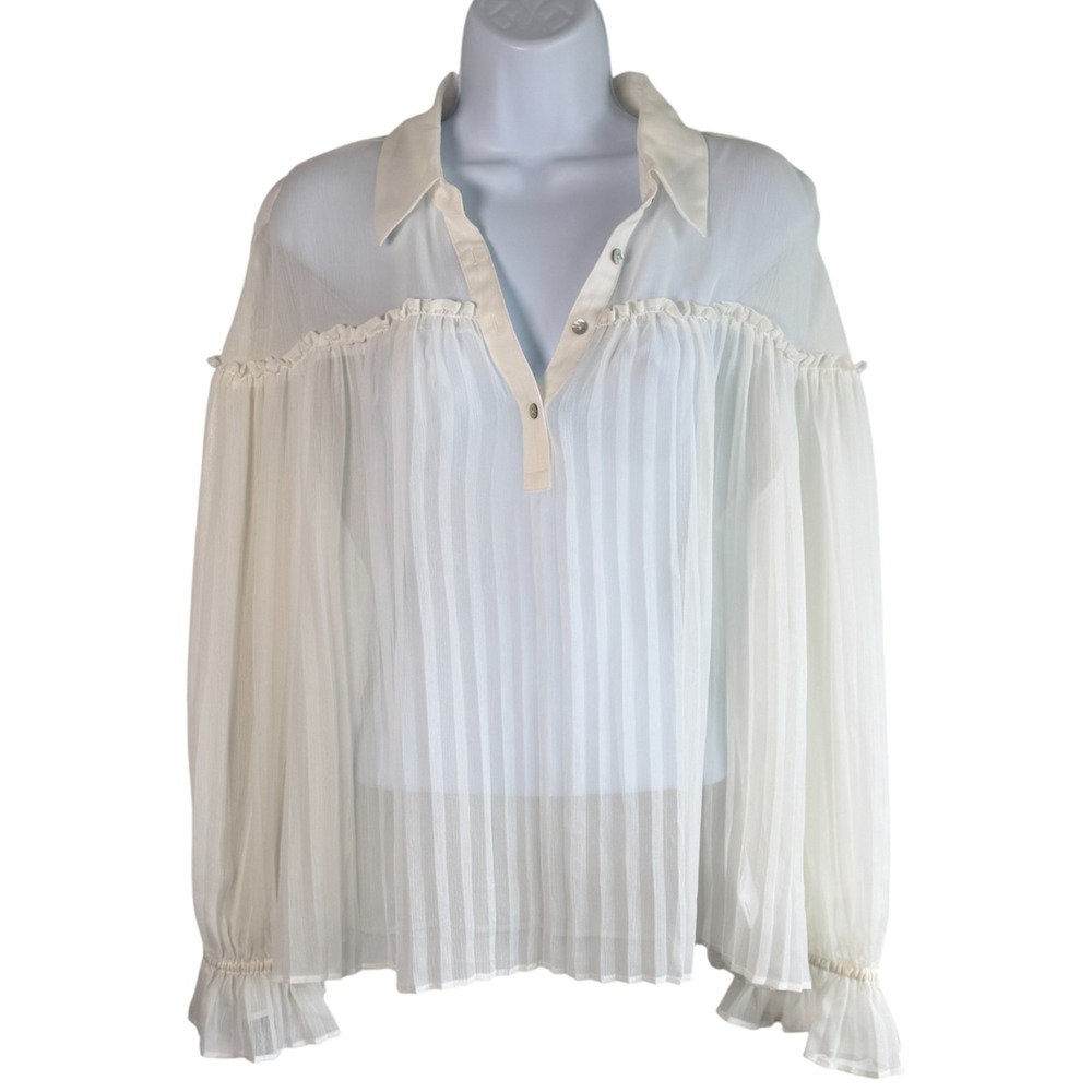 Express Sheer Chiffon Pleated Puff‎ Sleeve Top Sz L Regency Royal Coquette Angel